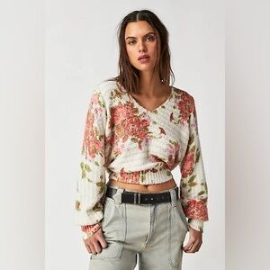 Free People Floral V-Neck Sweater - Cream and Pink NWOT